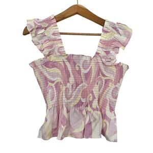 Hill House Womens The Paz‎ Linen Tank Top Size L Pink Candy Kaleidoscope Smocked